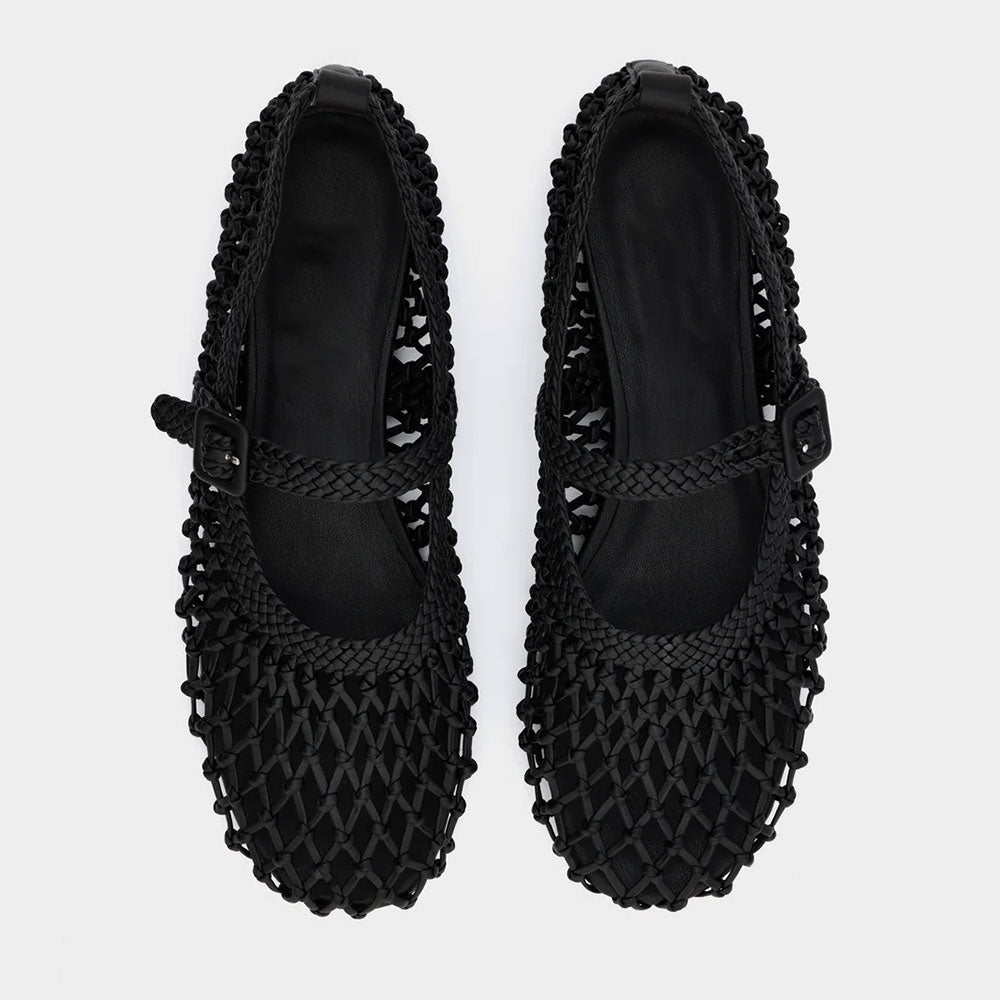 Black Knot Detail Round Toe Buckle Strap Braided Mary Jane Flats