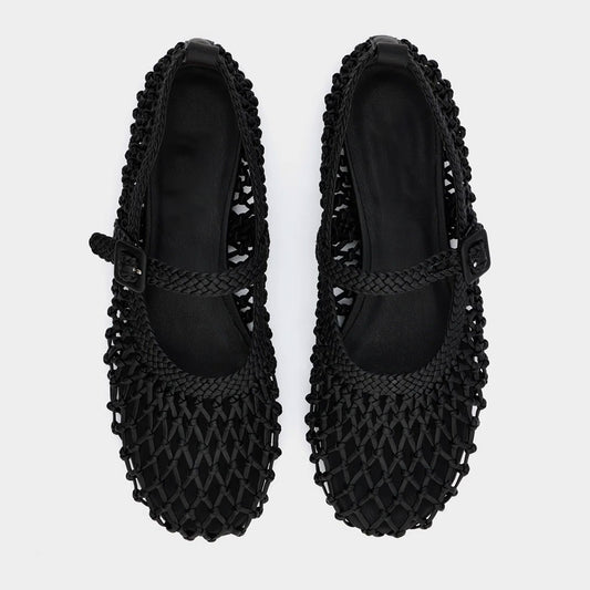Black Knot Detail Round Toe Buckle Strap Braided Mary Jane Flats