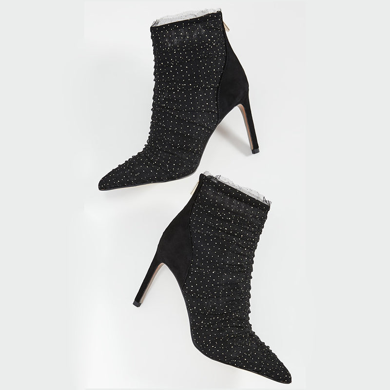 Black Mesh Ruched Pointed Toe Stiletto Heel Ankle Boots for Women