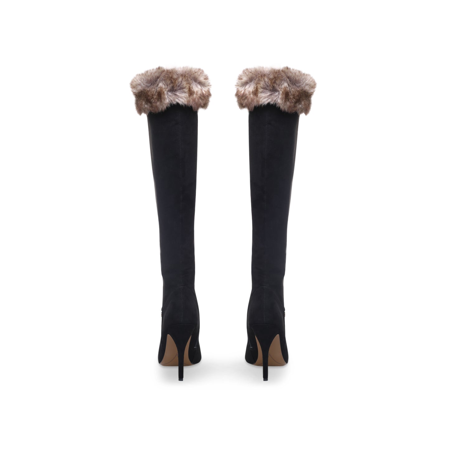 Black Stiletto Heels Faux Fur Trim Pointed Toe Knee High Boots