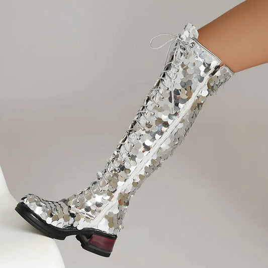 Silver Sequin Round Toe Lace-Up Chunky Heel Zipper Knee High Boots