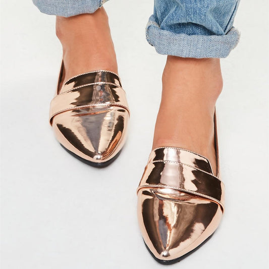 Rose Gold Metallic Pointed Toe Slip On Flats Women's Loafers