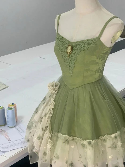 Vintage Green Spaghetti Strap Applique A-line Tulle Short Homecoming Dresses TP3924