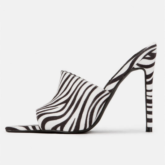 Women's Zebra Print Peep Toe Stiletto Heel Mules Sandals