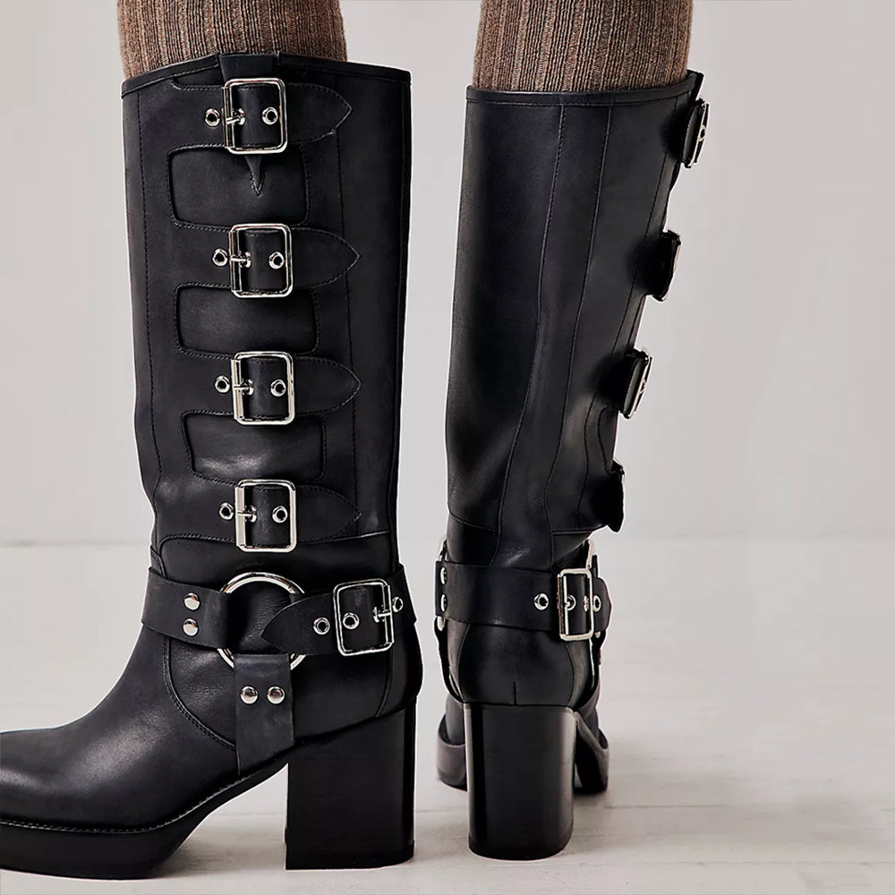 Black Vegan Leather Closed Toe Chunky Heel Platform Mid Calf Boots