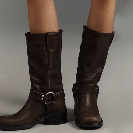 Brown Square Toe Block Heel Mid Calf Boots with Buckle Strap Design