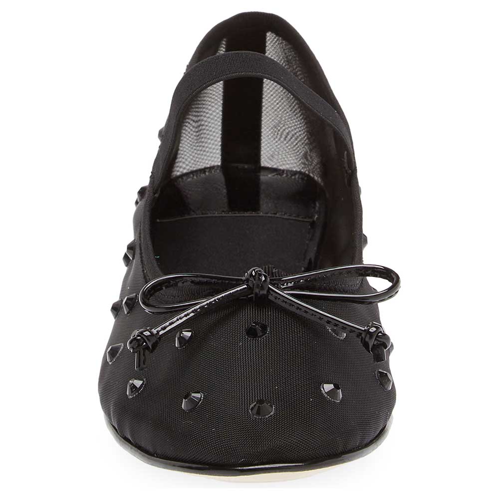 Black Mesh Round Toe Crystal Embellished Ballet Flats with Bow Decor