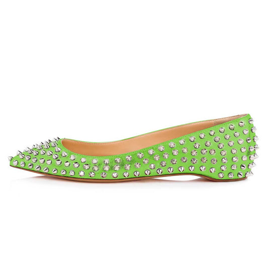 Green Lizard Embossed Pointed Toe Fashion Flats with Rivets