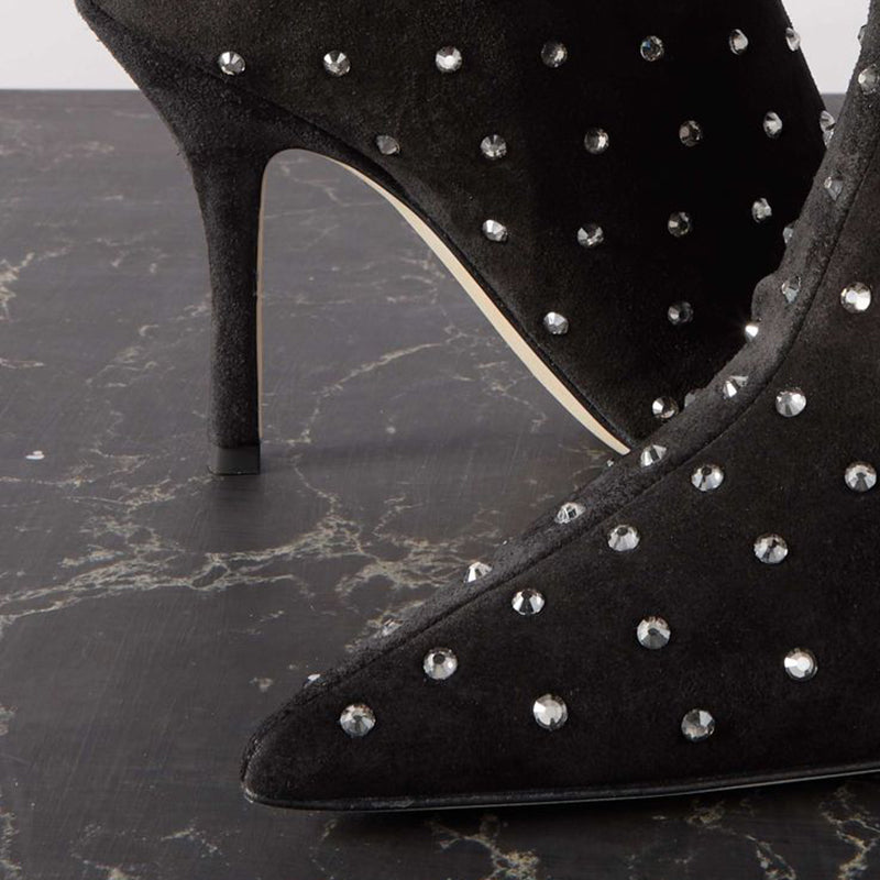 Rhinestone Embellished Pointed Toe Heeled Mid Calf Boots in Black