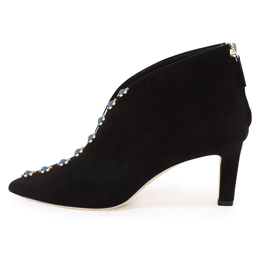 Black Vegan Suede V Cut PVC Pointed Toe Blue Decorated Ankle Boots