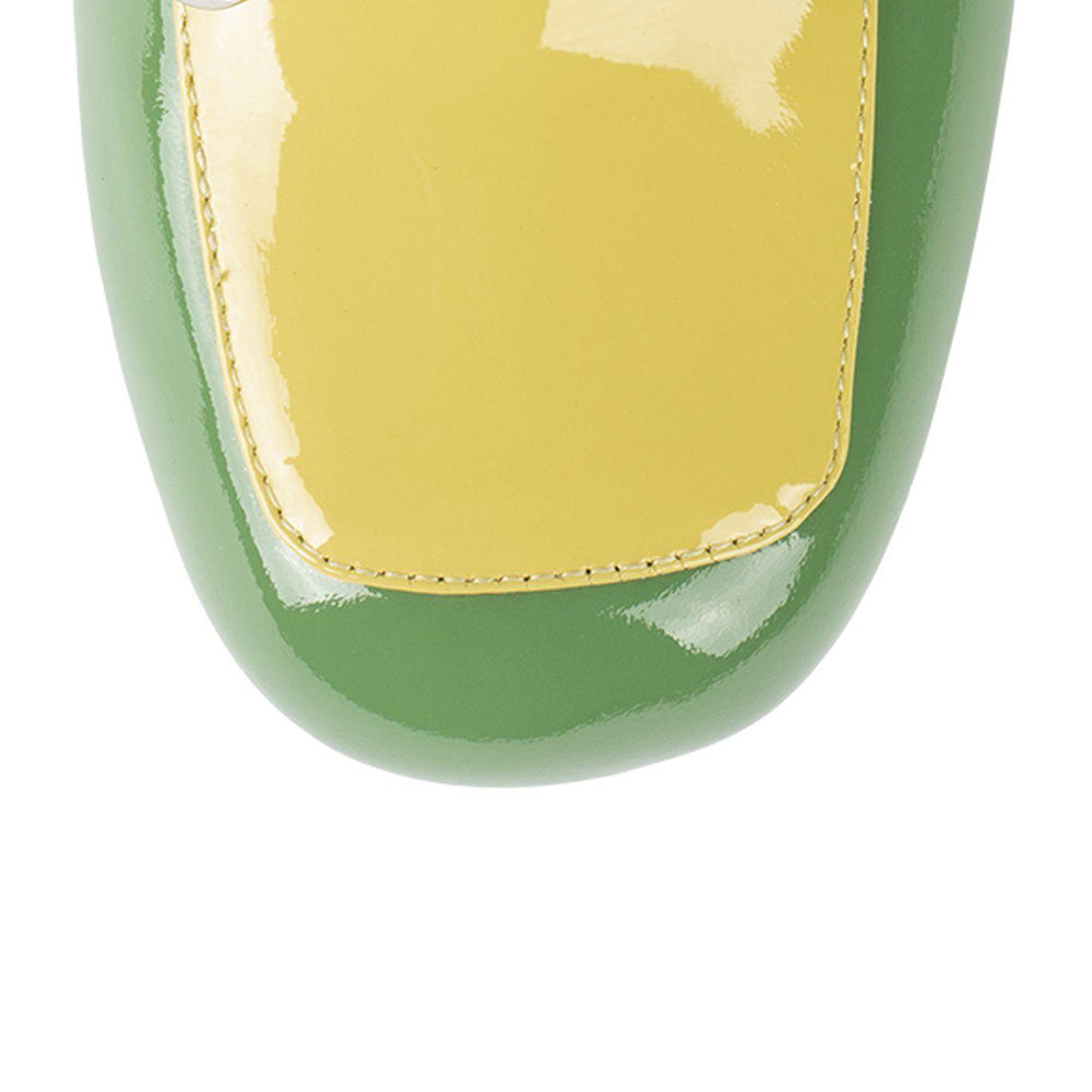 Multicolor Patent Leather Round Toe Block Heel Loafers with Chain