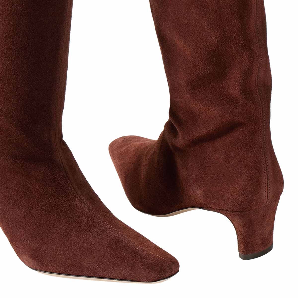 Brown Vegan Suede Pull-On Square Toe Chunky Heel Knee High Boots