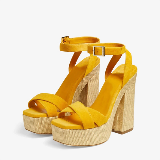 Yellow Square Toe Platform Sandals Office Vegan Suede Chunky Heels