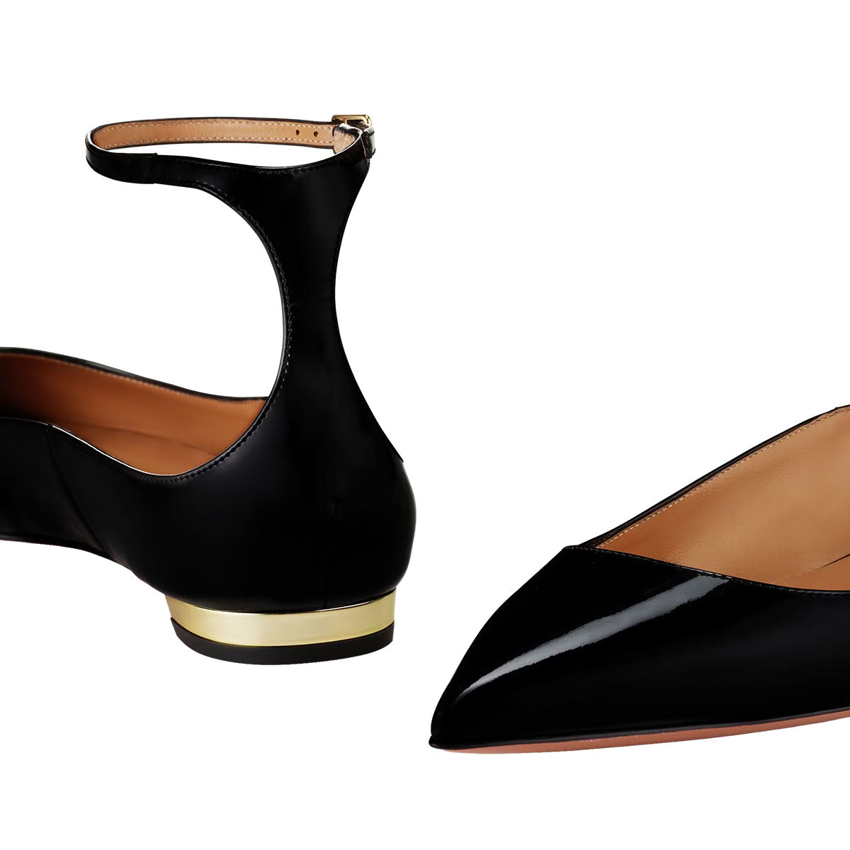 Classy Black Patent Leather Buckle Ankle Strap Pointed Toe Flats