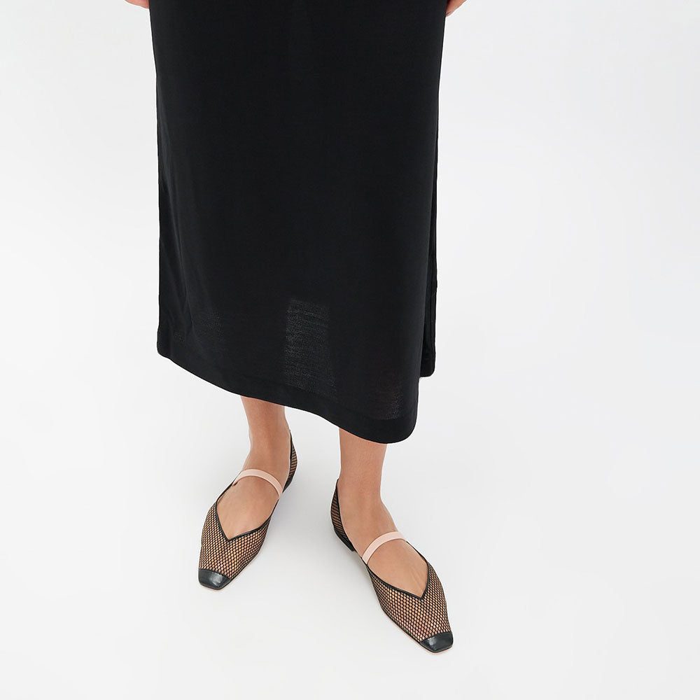 Black Square Toe Side Cut Design Perforated Mesh Flats with Strap