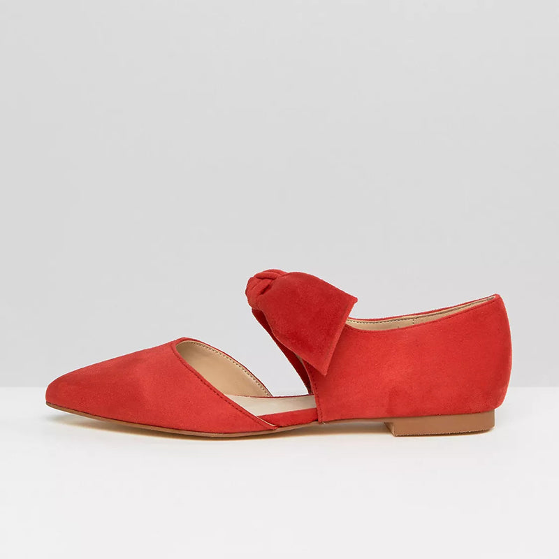 Red Vegan Suede Pointed Toe Lace Up Casual Flats