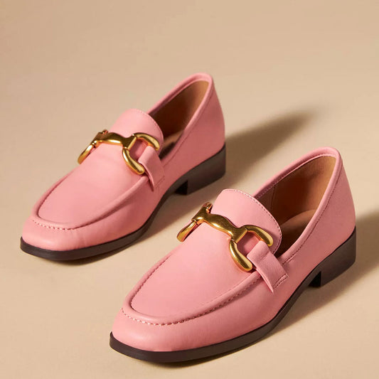 Pink Round Toe Classic Horsebit Flat Loafers for Women