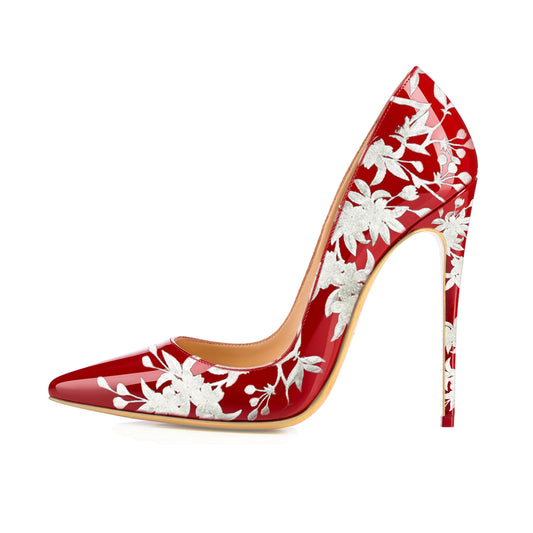 Women's Chic Red Patent Leather Floral Pattern Stiletto Heels Pumps
