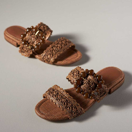 Brown Vegan Leather Round Toe Flat Buckle Strappy Comfy Slippers