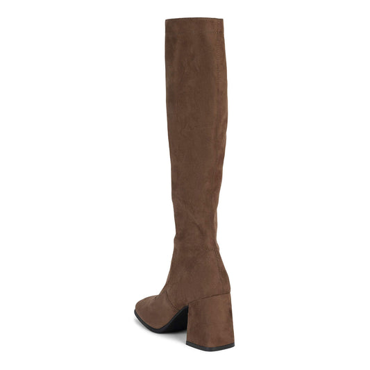 Brown Square Toe Block Heel Knee High Boots with Lace Up Design