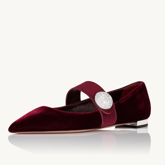 Maroon Velvet & Satin Pointed Toe Mary Jane Flats