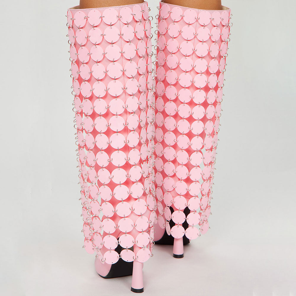Pink Trendy Sequined Knee High Boots Pointed Toe Flared Heel Y2K Shoes