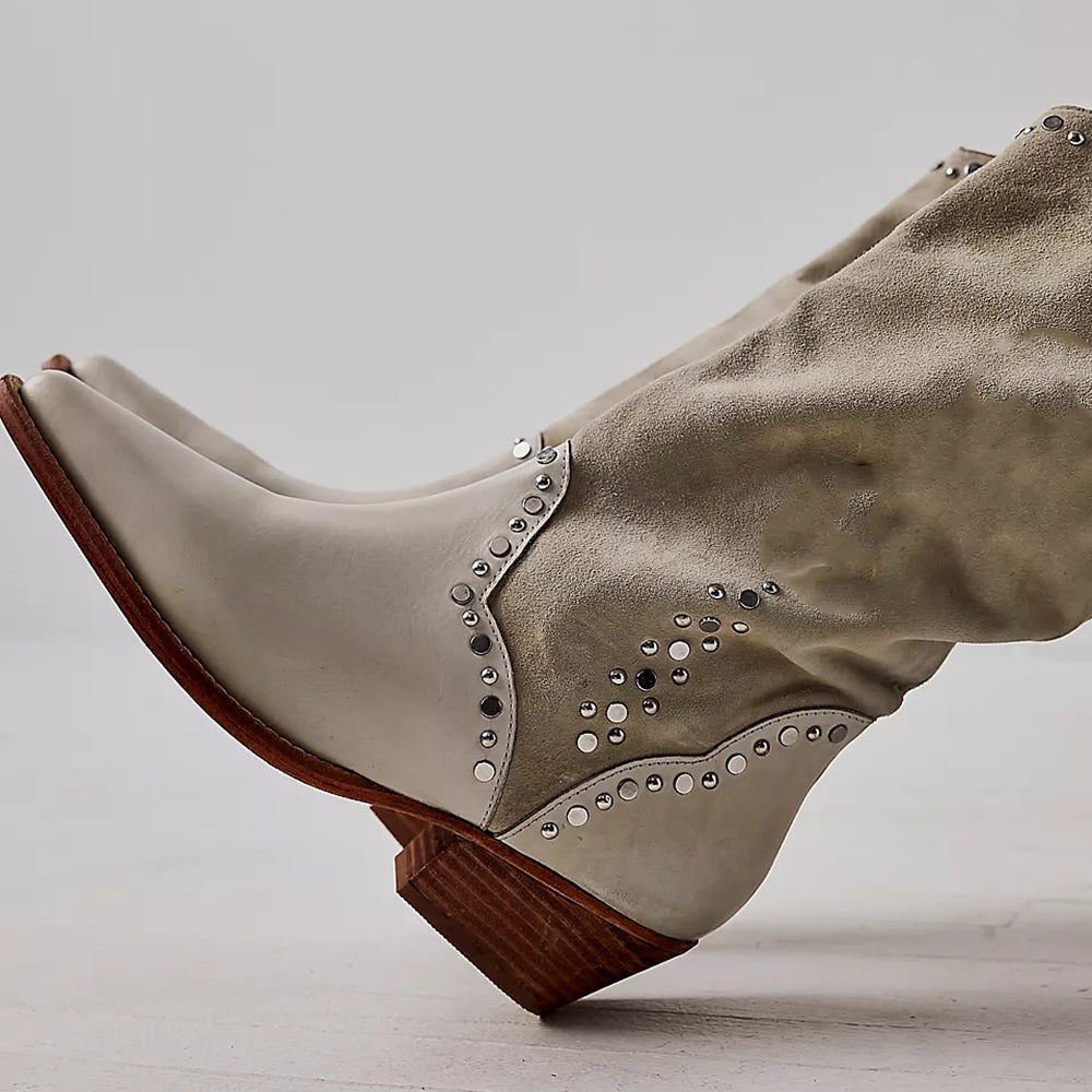 Light Taupe Vegan Suede Pointed Toe Western Mid Calf Boots with Studs