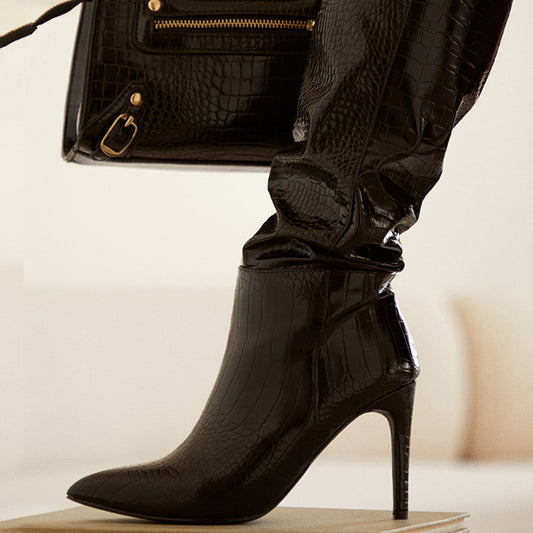 Stylish Patent Leather Croco Embossed Heeled Knee High Boots in Black