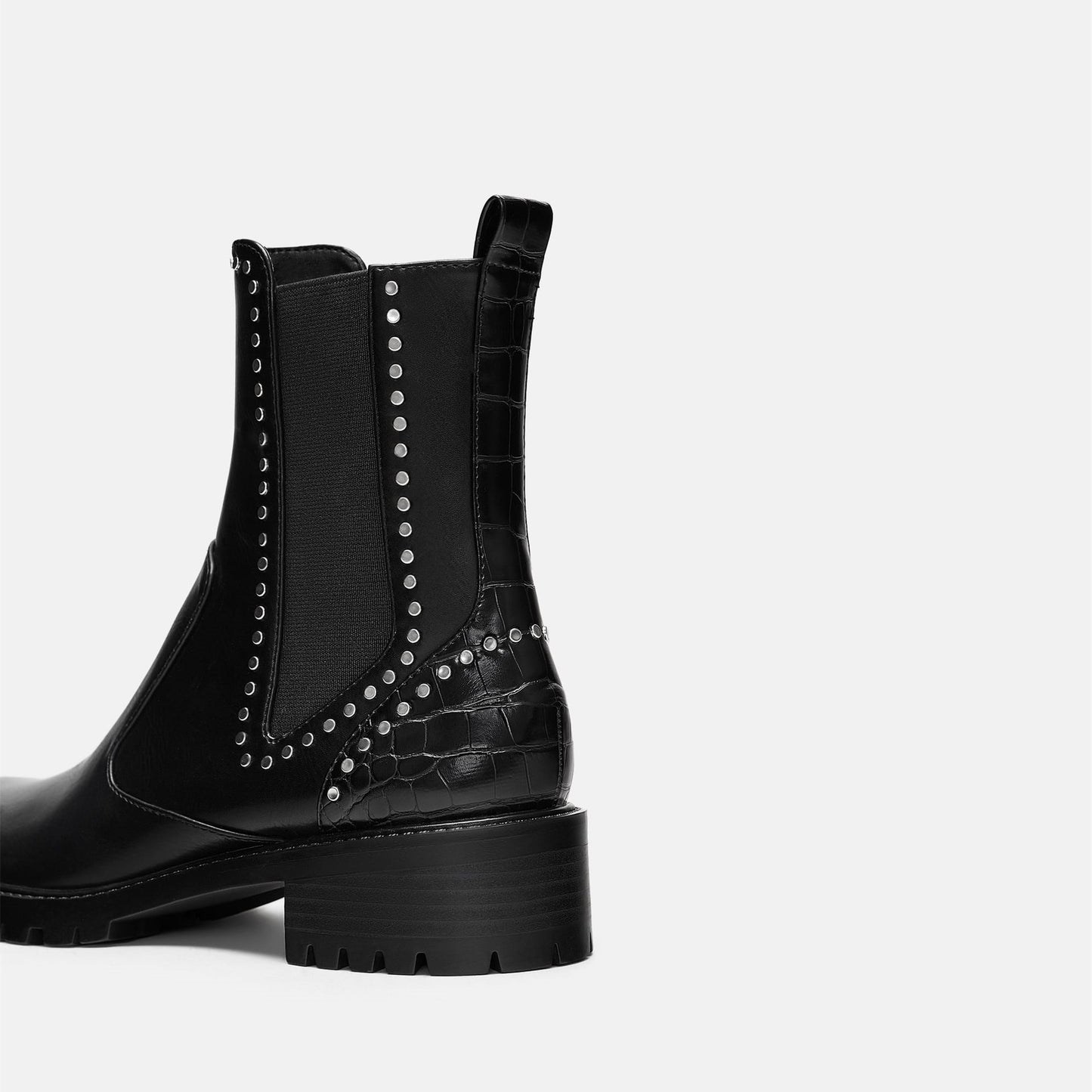 Black Vegan Leather Chelsea Boots Round Toe Studs Ankle Boots