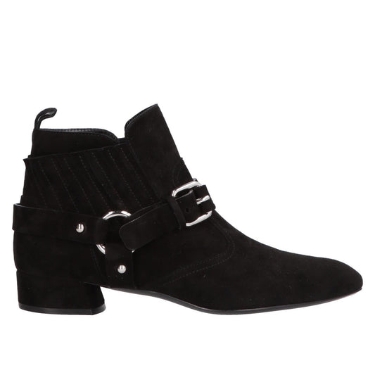 Black Buckle Fashion Booties Block Heel Vegan Suede Ankle Boots