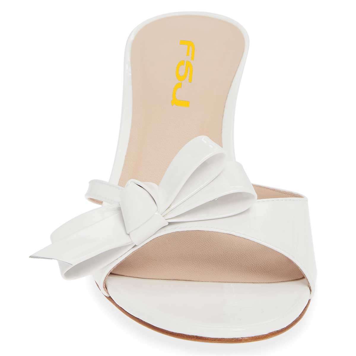 White Patent Leather Bow Kitten Heels Mules Sandals