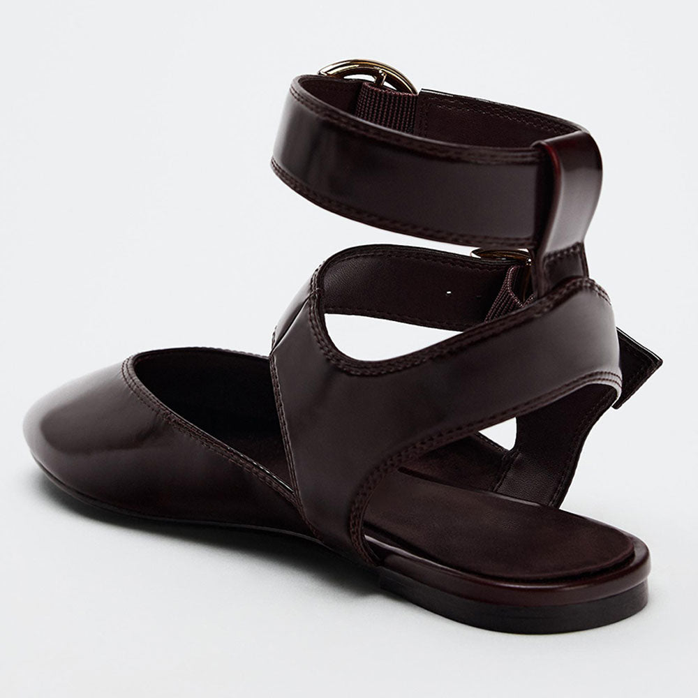 Maroon Round Toe Slingback Ballet Flats with Double Buckled Straps