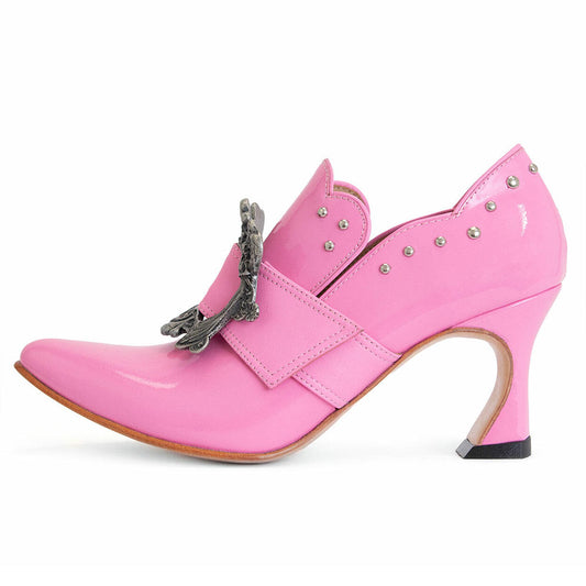 Pink Pointed Toe Hardware Buckle Decor Studded Heeled Loafers