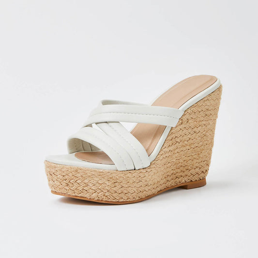 White Platform Mules Criss Cross Straps Wedge Espadrille Sandals