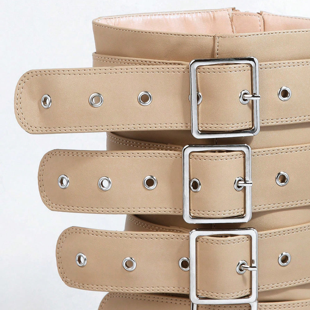 Beige Closed Toe Stiletto Heel Buckled Strappy Mid Calf Boots