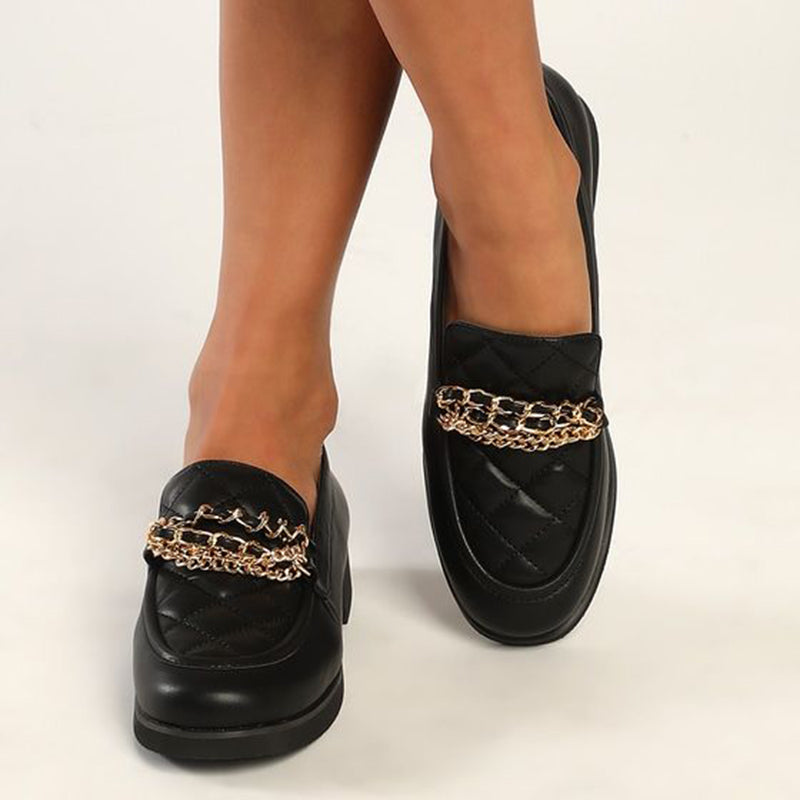 Classic Black Round Toe Low Block Heel Chain Buckle Women's Loafers