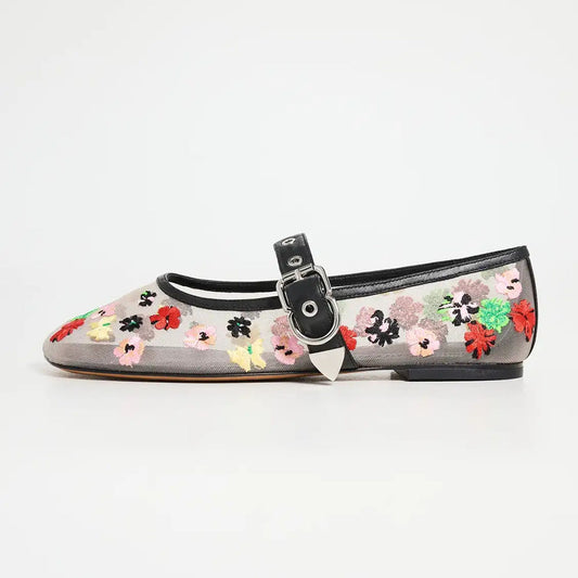 White Mesh Multi Color Floral Embroidery Buckle Strap Mary Jane Flats