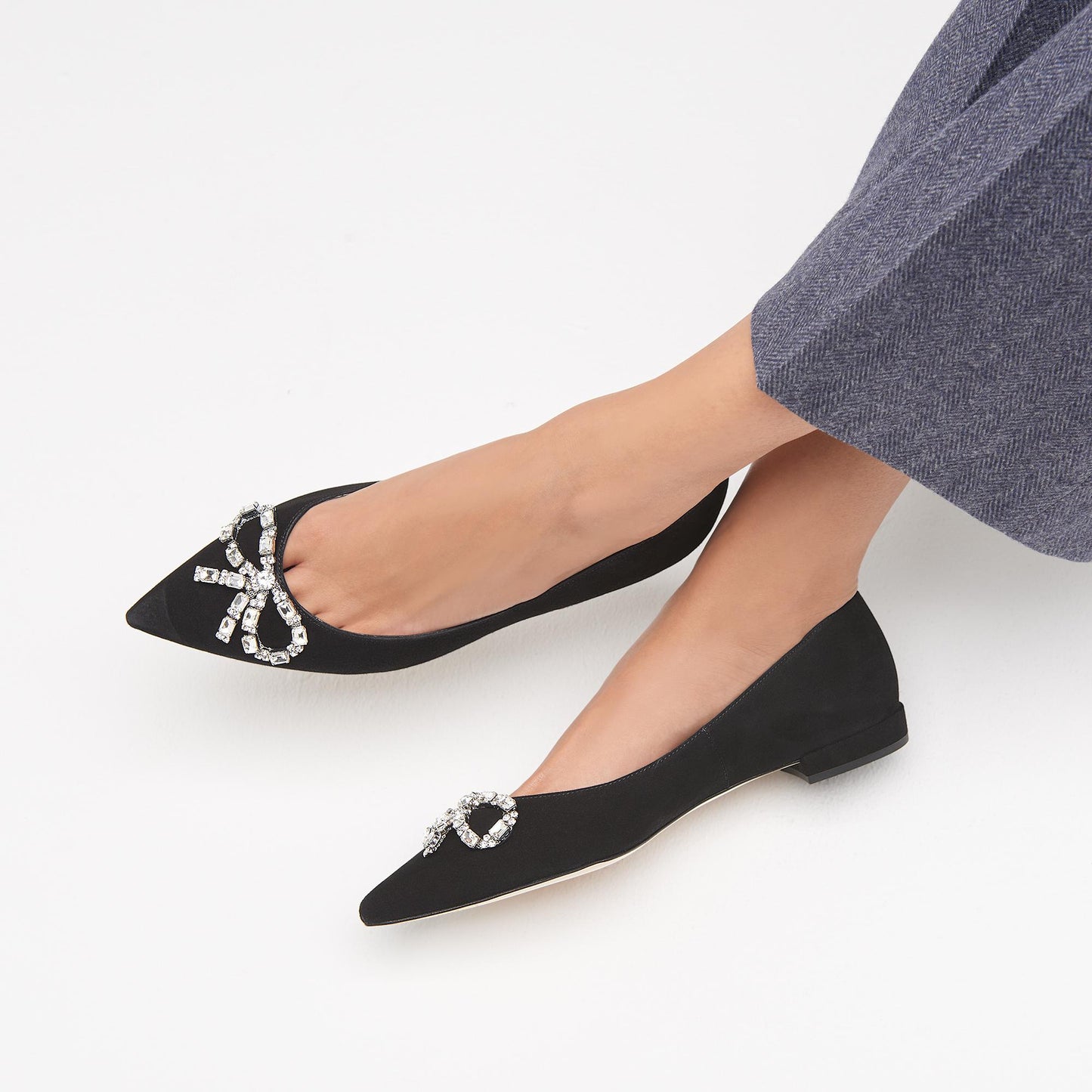 Black Vegan Suede Rhinestone Bow Embellished Pointed Toe Flats