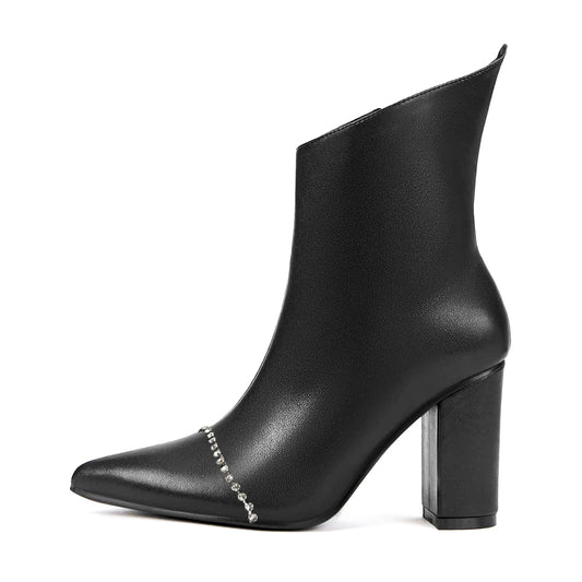 Black Pointed Toe Rhinestone Embellished Block Heel Ankle Boots