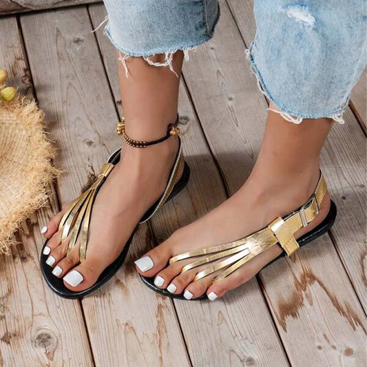 Gold Open Toe Beach Sandals Slingback Flat Shoes for Women