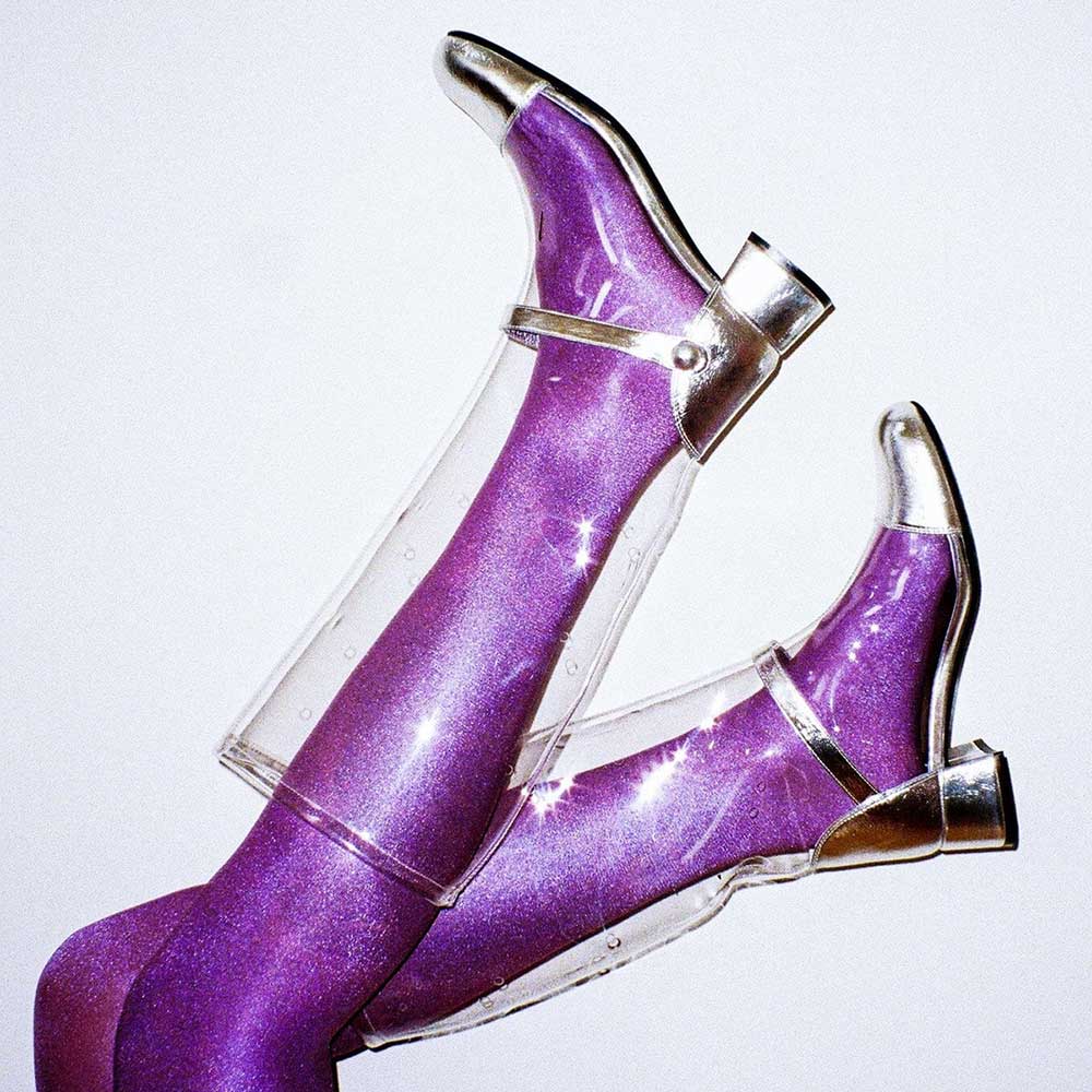 Silver & Transparent Closed Toe Heeled Knee High Boots with Strap