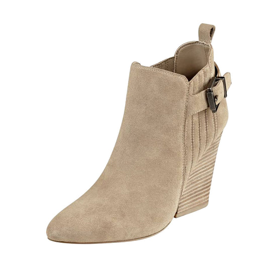 Taupe Closed Toe Stacked Heel Buckled Chelsea Boots for Women