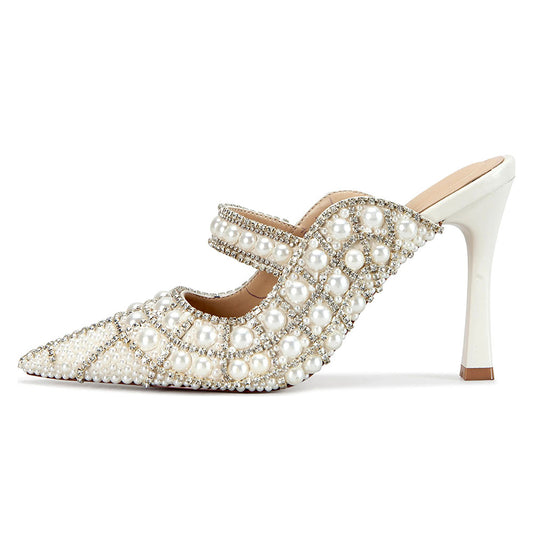 White Pointed Toe Pearl and Rhinestone Embellished Mule Heels
