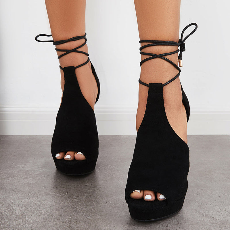 Women's Vintage Platform Heels Peep Toe Stilettos Pumps Wrap Shoes