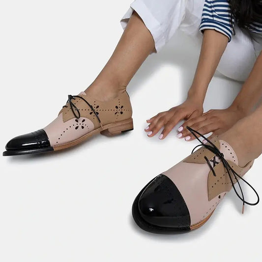 Multicolor Round Toe Flats Classic Cutout Lace Up Women's Oxfords