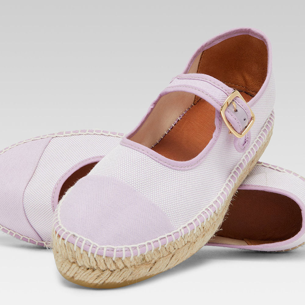 Lavender & White Round Toe Buckled Strap Espadrille Mary Jane Flats
