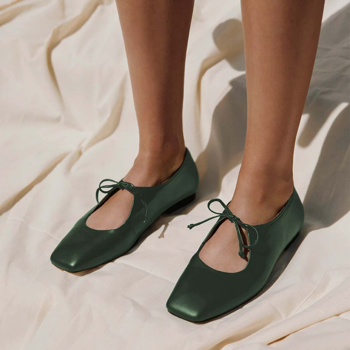 Vegan Leather Square Toe Lace Up Metallic Green Mary Jane Flats