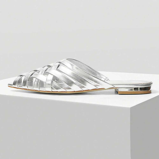 FSJ Metallic Finish Woven Pointed Toe Silver Flat Mules Shoes