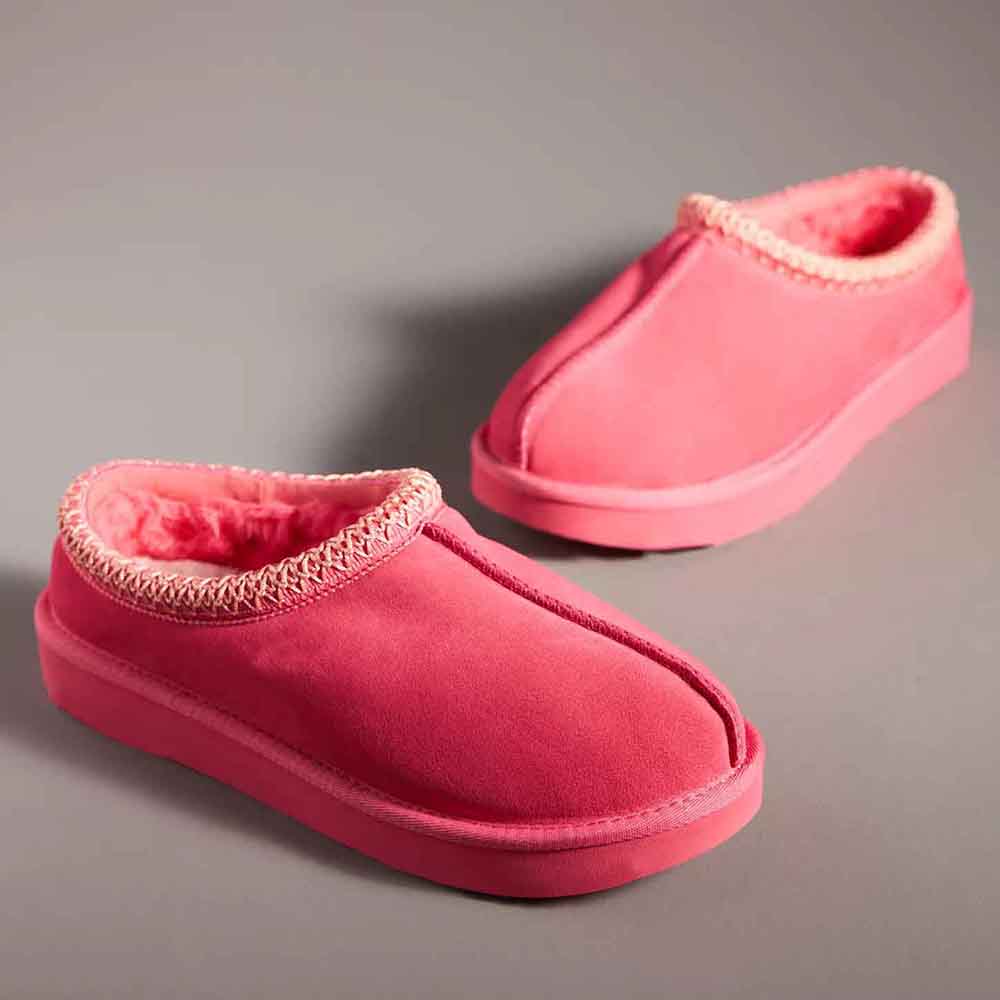 Women's Lovely Round Toe Fur Lining Flat Winter Slippers in Pink