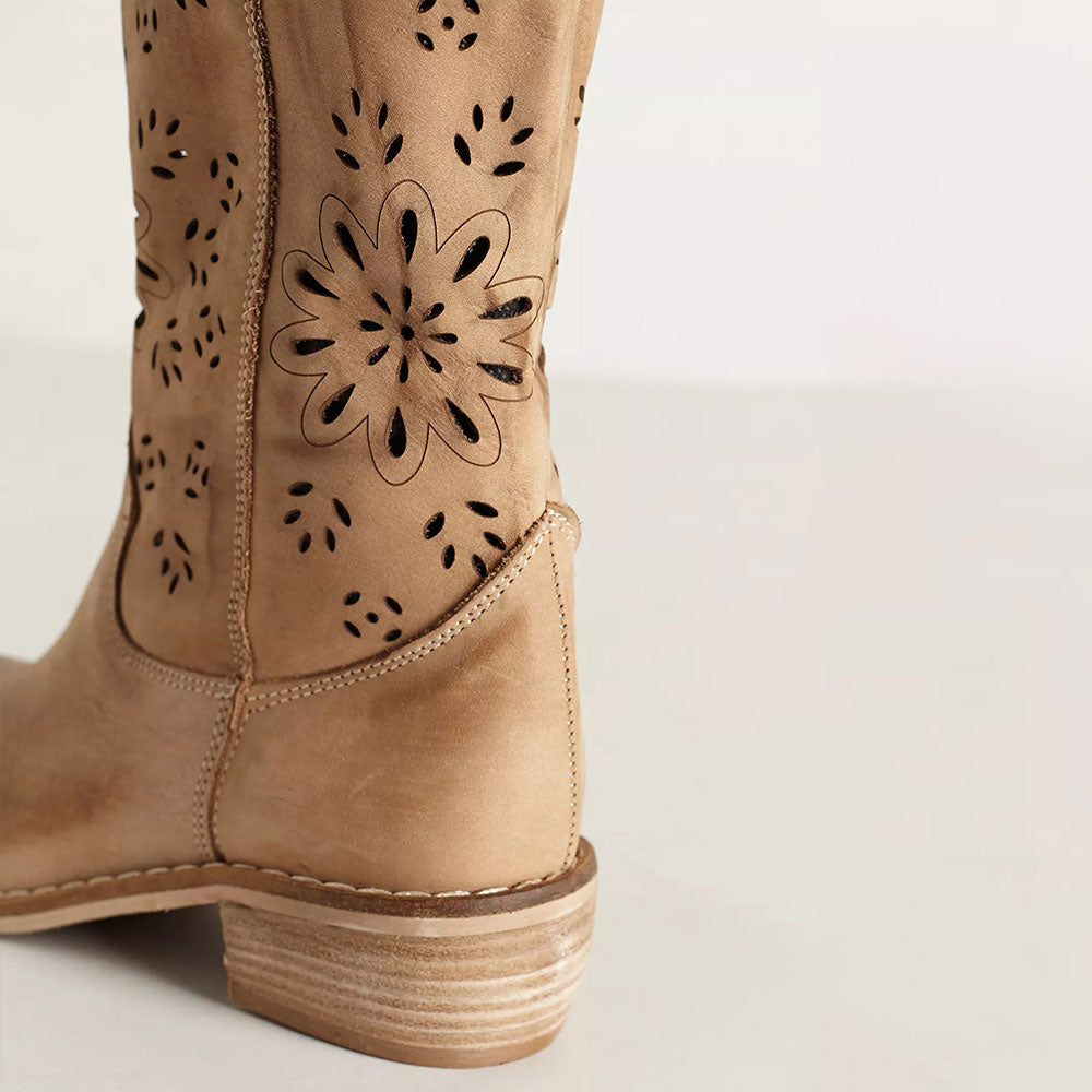 Khaki Floral Perforated Round Toe Stacked Heel Mid Calf Boots